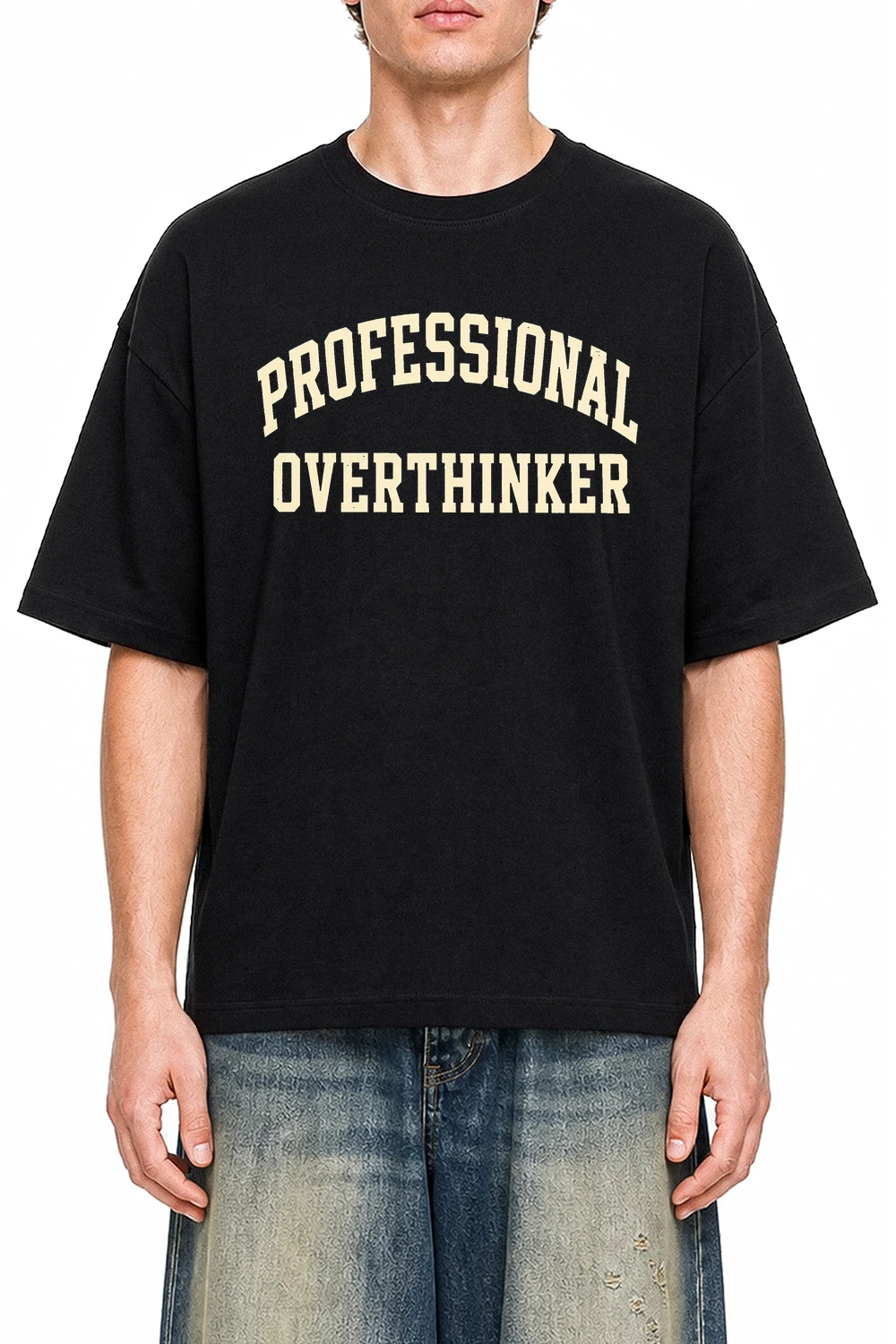 Professional Overthinker Black graphic T-shirt on model, front view
