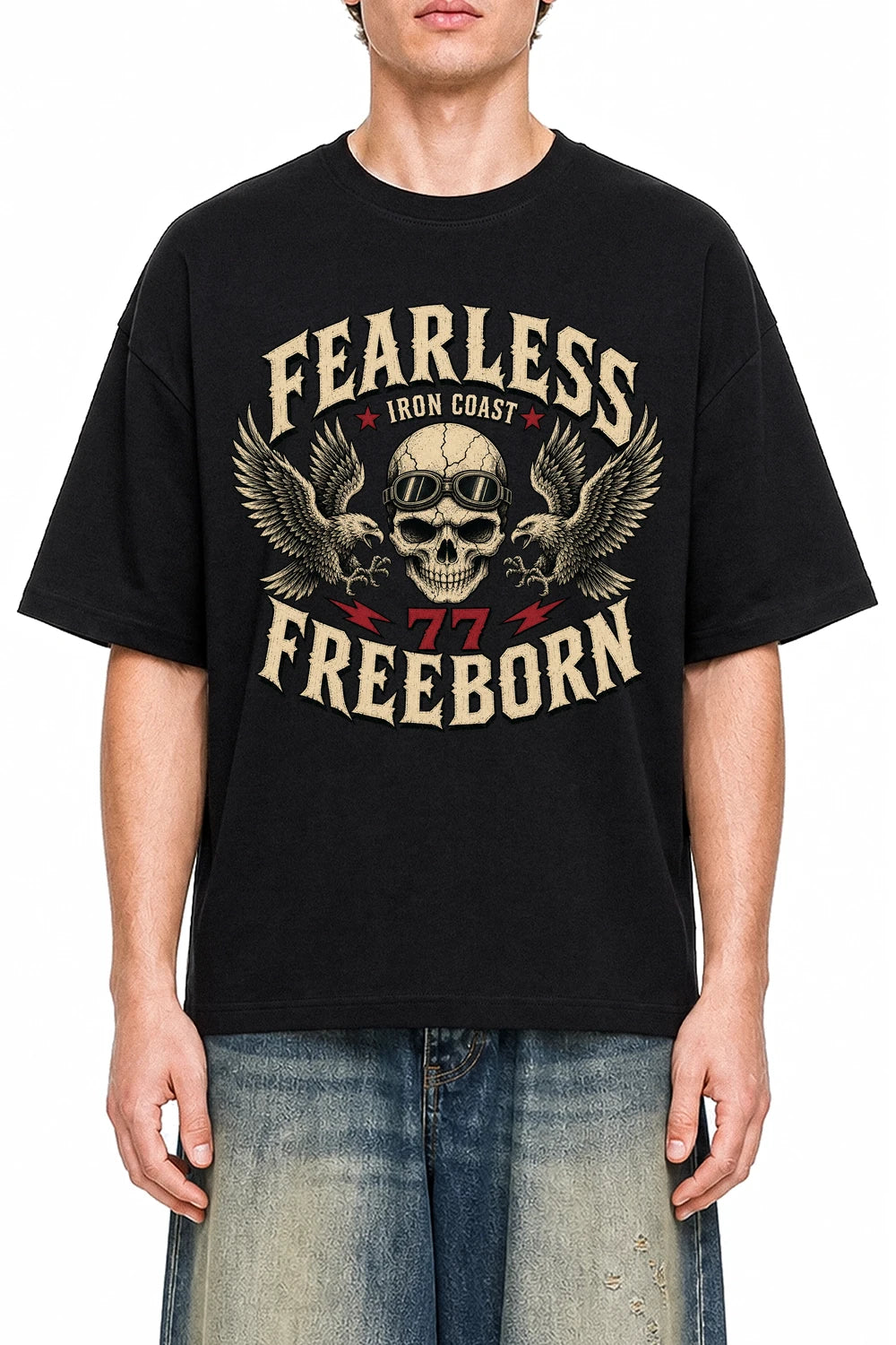 Fearless Freeborn Black graphic T-shirt on model, front view