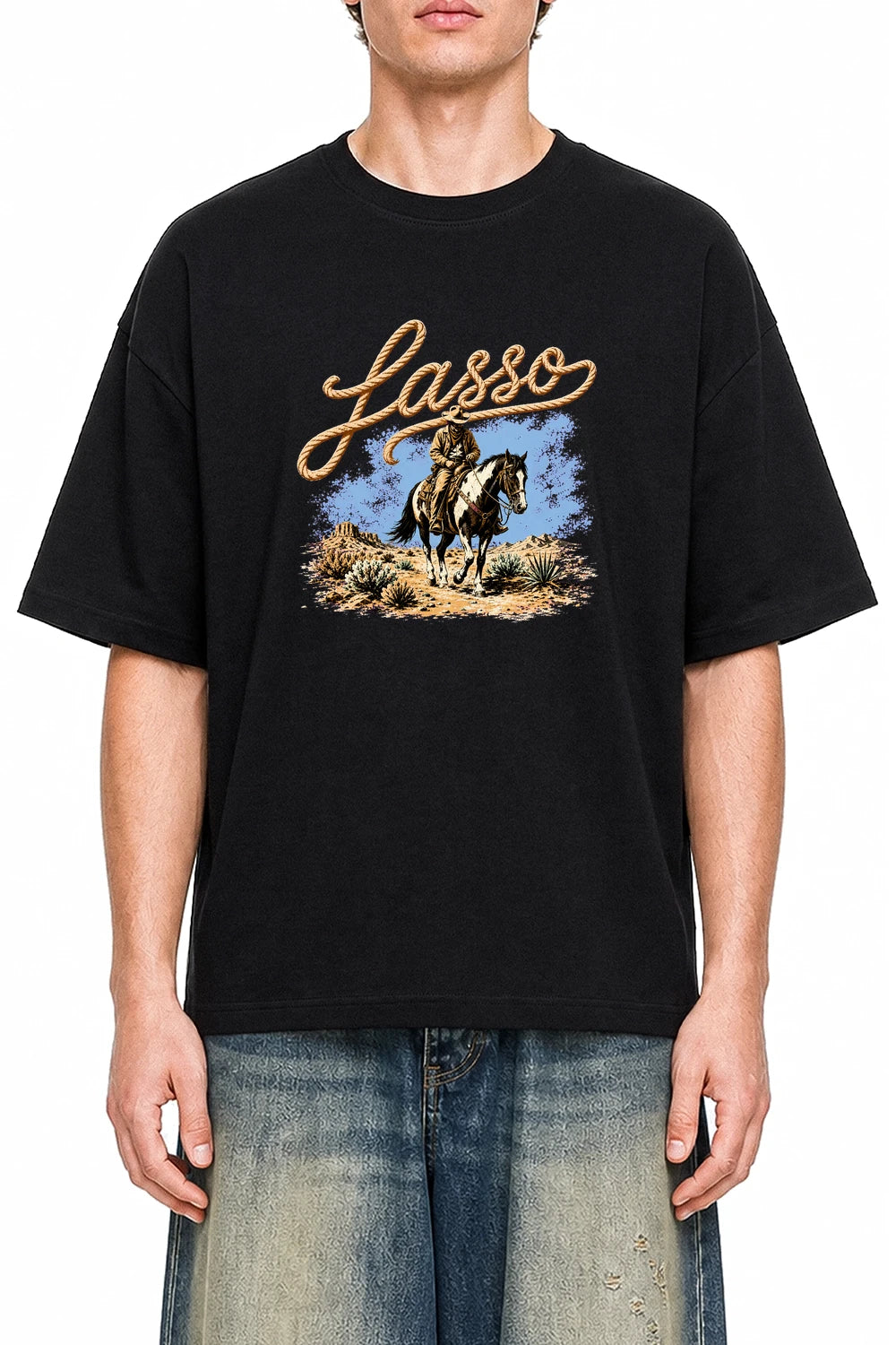 Lasso Run Rider Black graphic T-shirt on model, front view