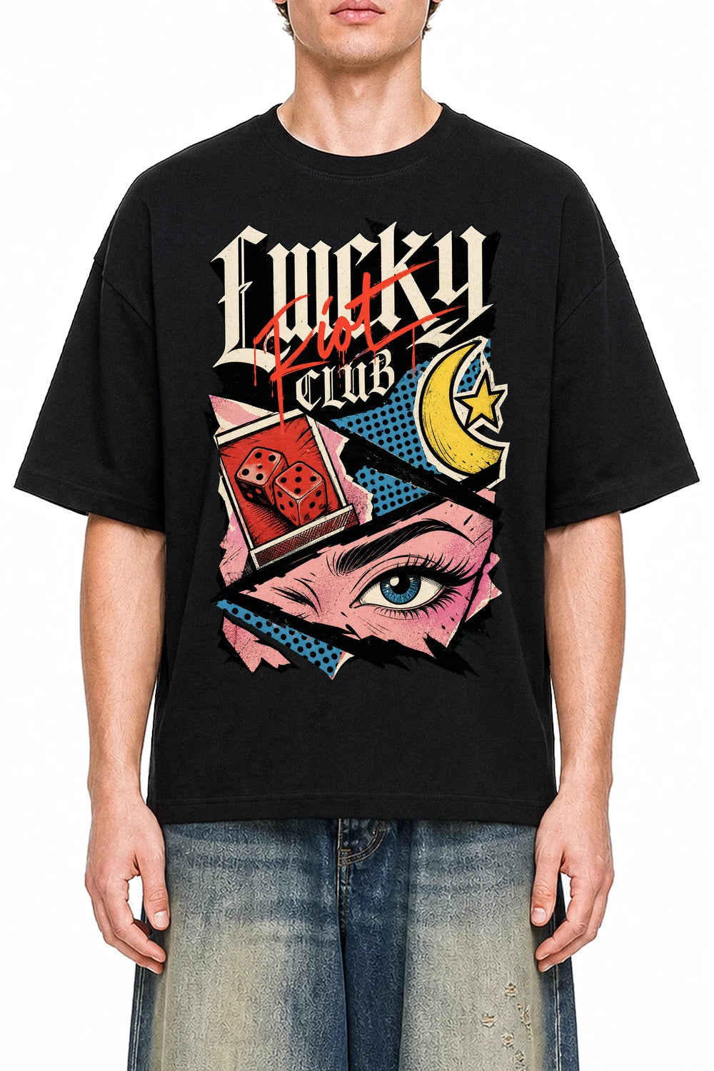 Lucky Riot Club Black graphic T-shirt on model, front view