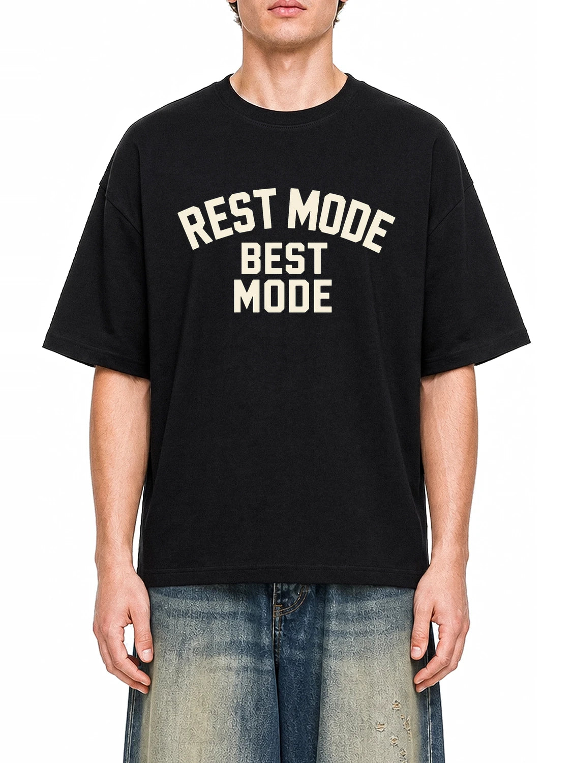 Rest Mode Best Mode Black graphic T-shirt on model, front view