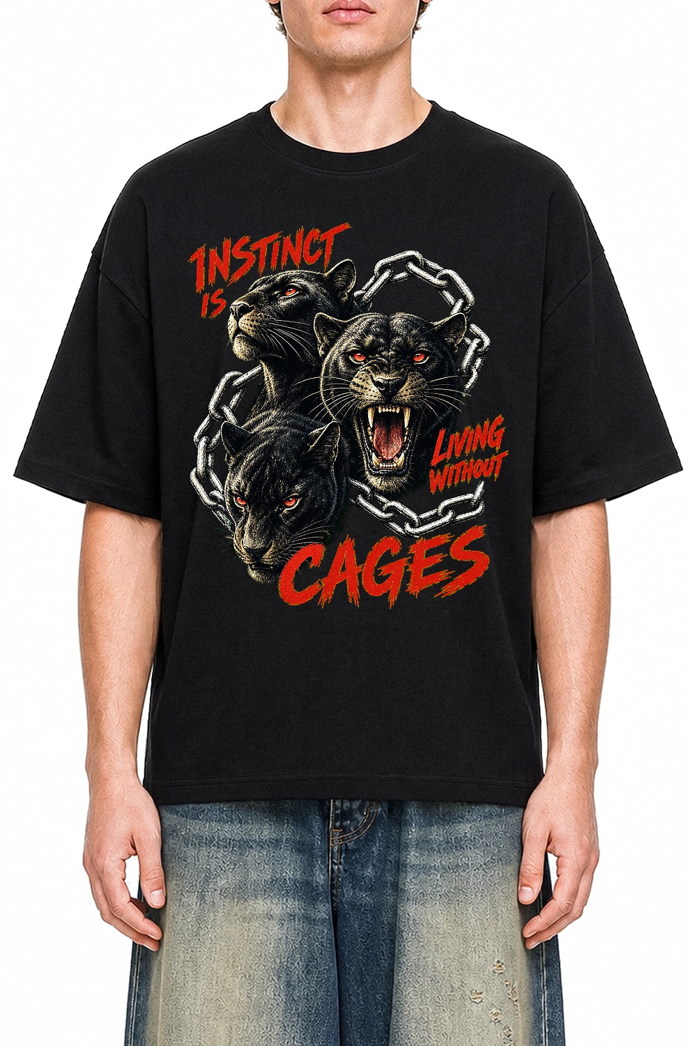Instinct Without Cages Black graphic T-shirt on model, front view