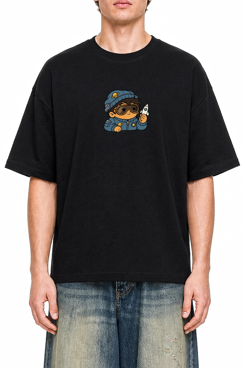 Pocket Orbit Black graphic T-shirt on model, front view