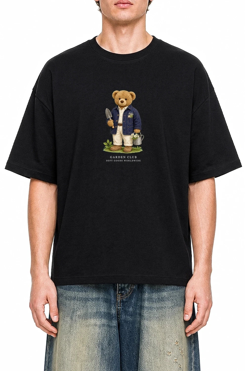 Garden Club Bear Black graphic T-shirt on model, front view