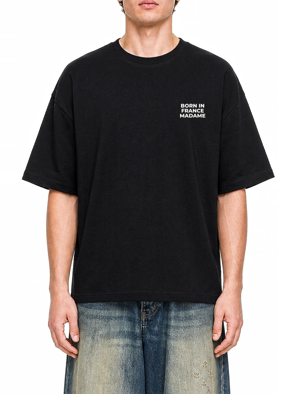 Born In France Madame Black graphic T-shirt on model, front view