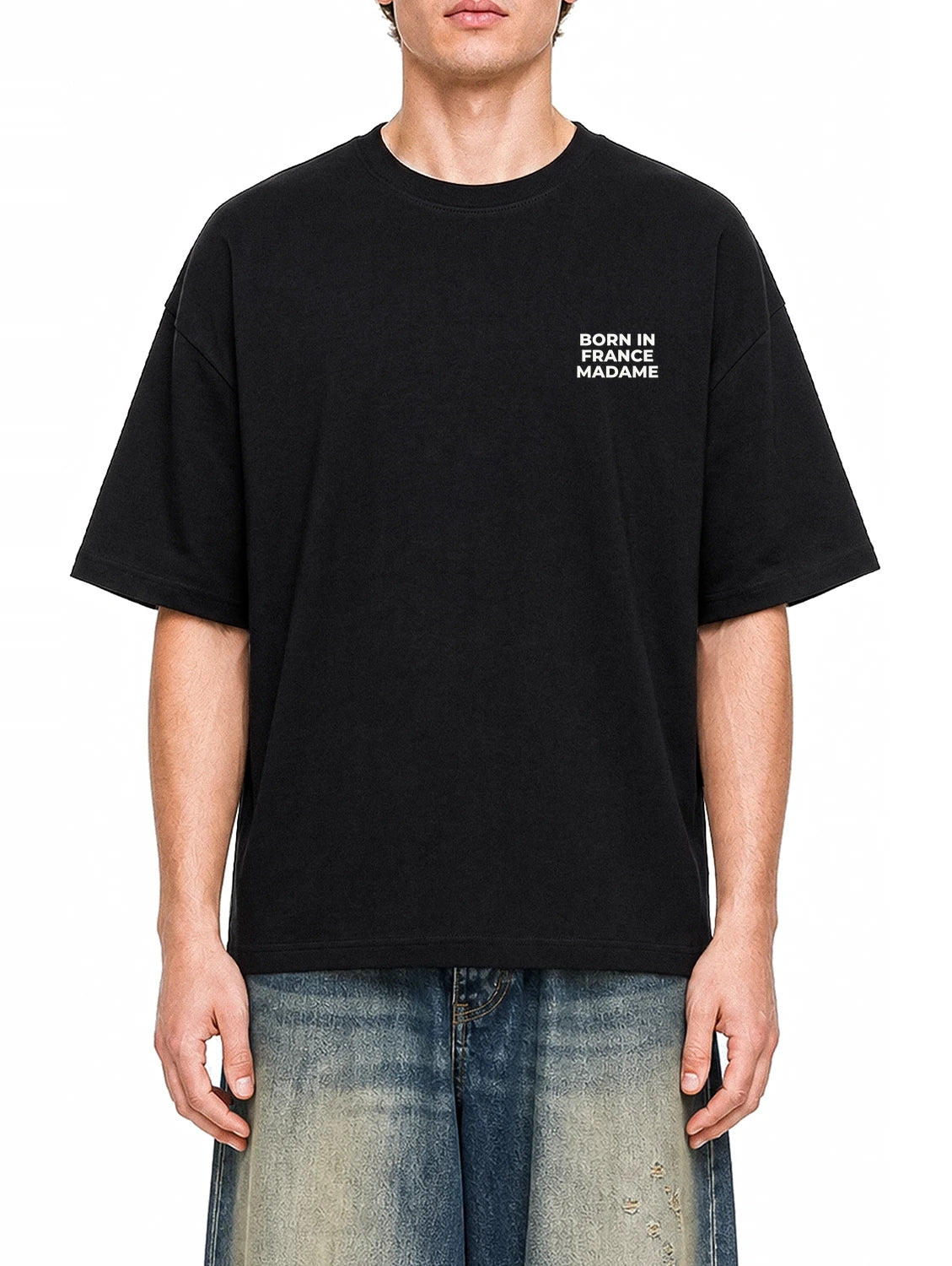 Born In France Madame Black graphic T-shirt on model, front view