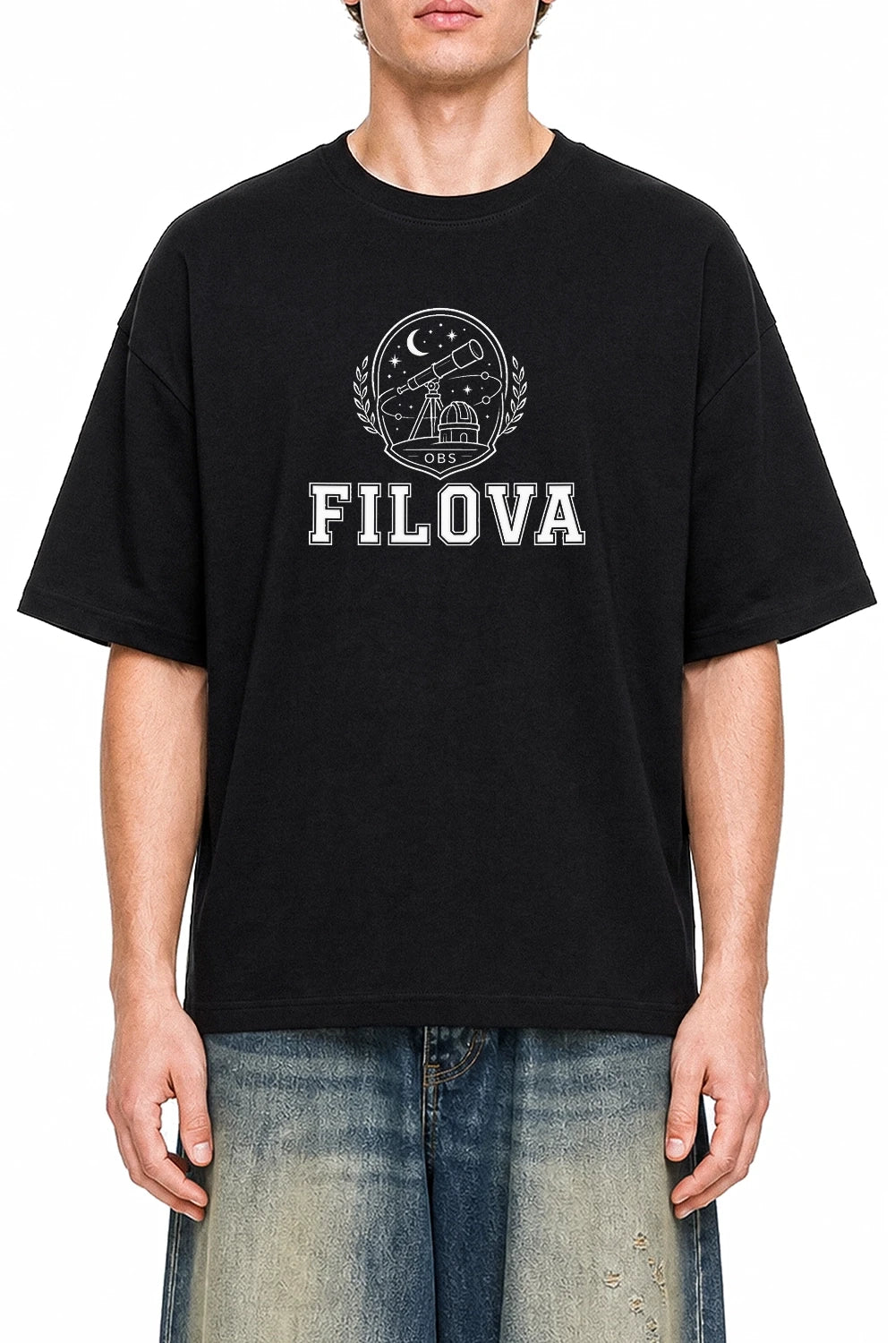 Filova Observatory Club Black graphic T-shirt on model, front view