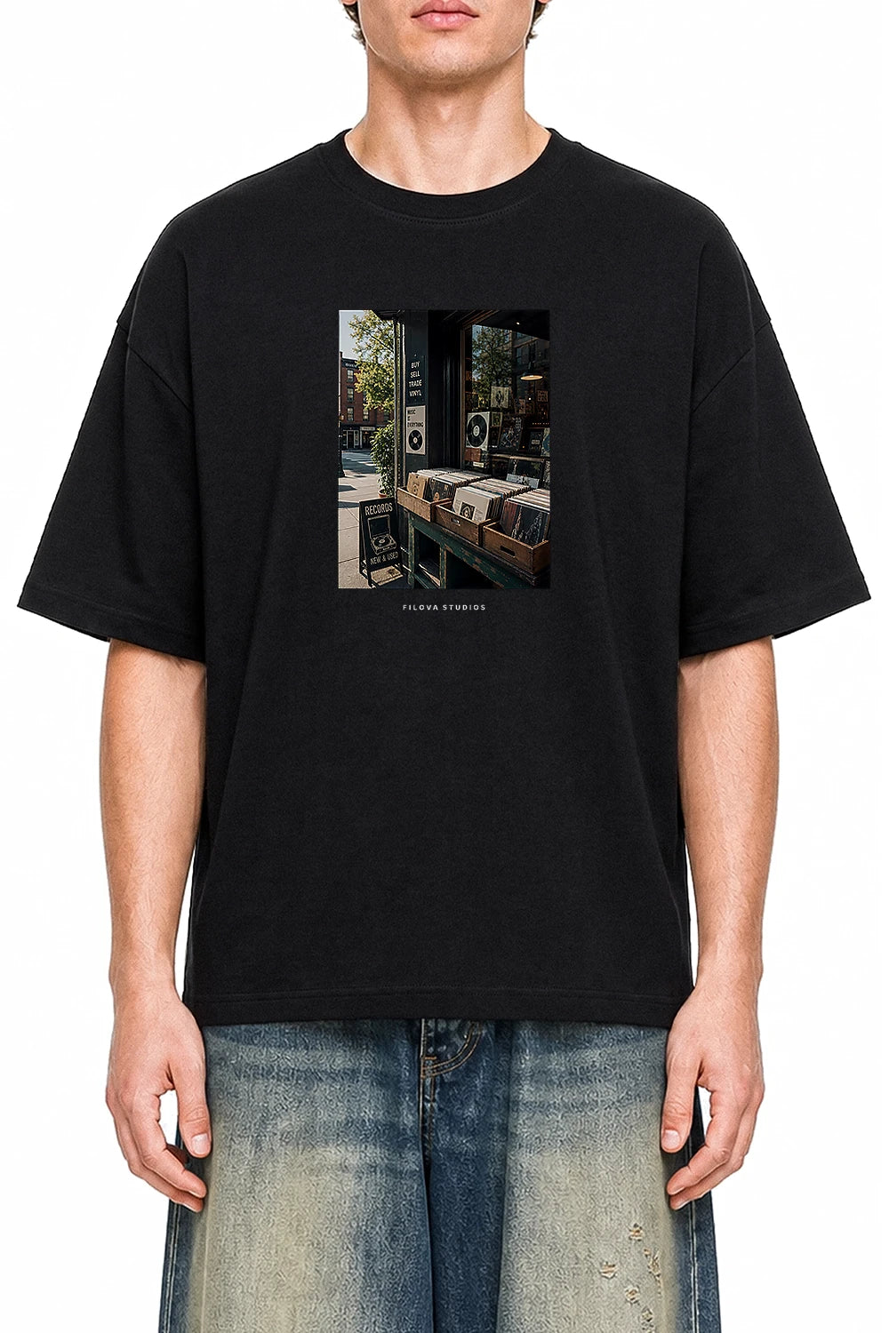 Filova Studios Record Shop Black graphic T-shirt on model, front view