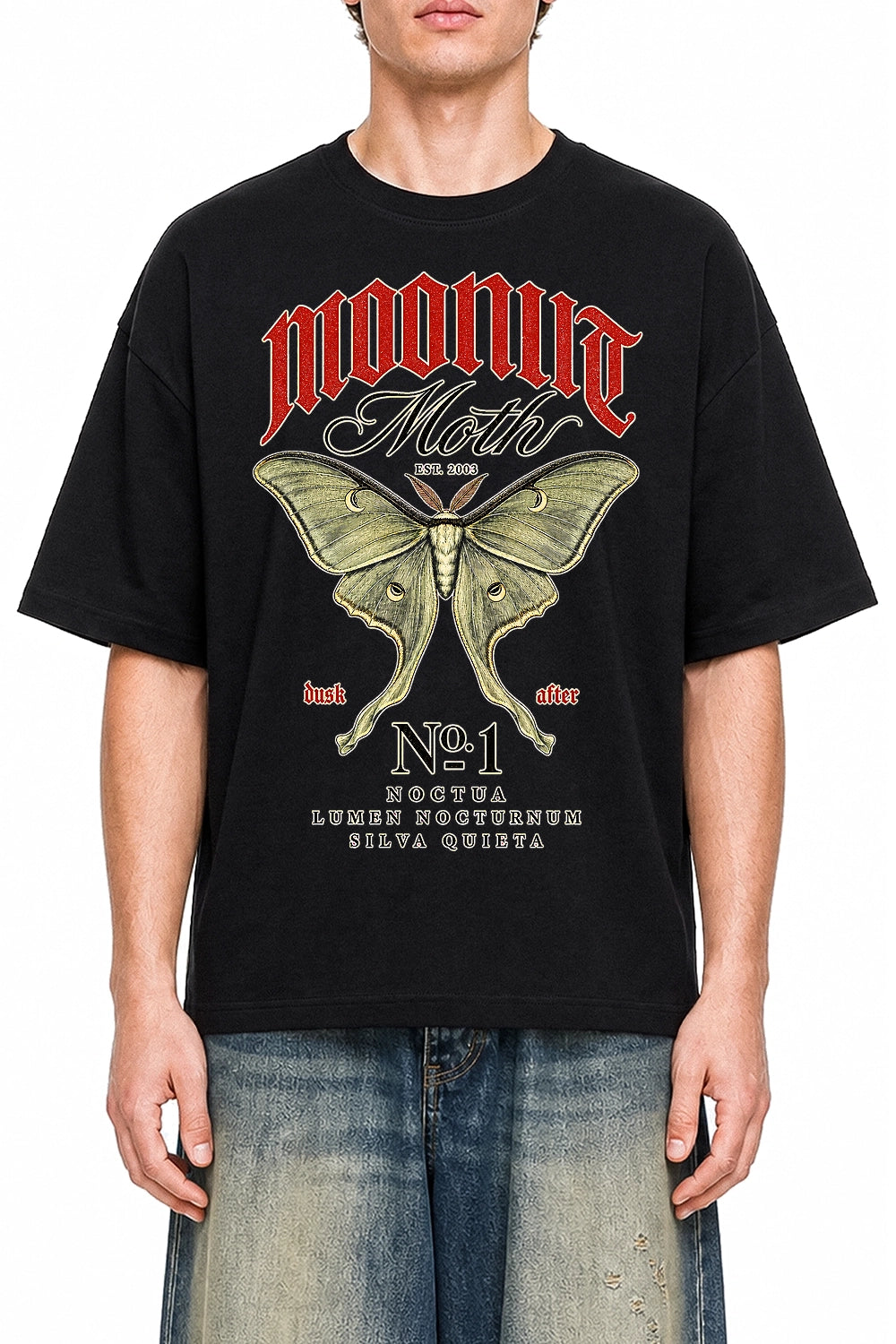 Moonlit Moth No 1 Black graphic T-shirt on model, front view