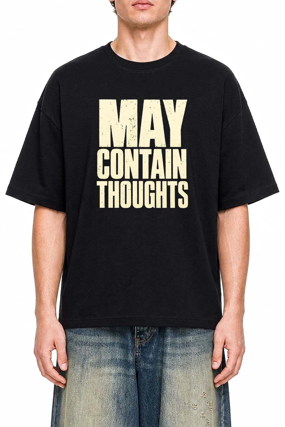 May Contain Thoughts Black graphic T-shirt on model, front view