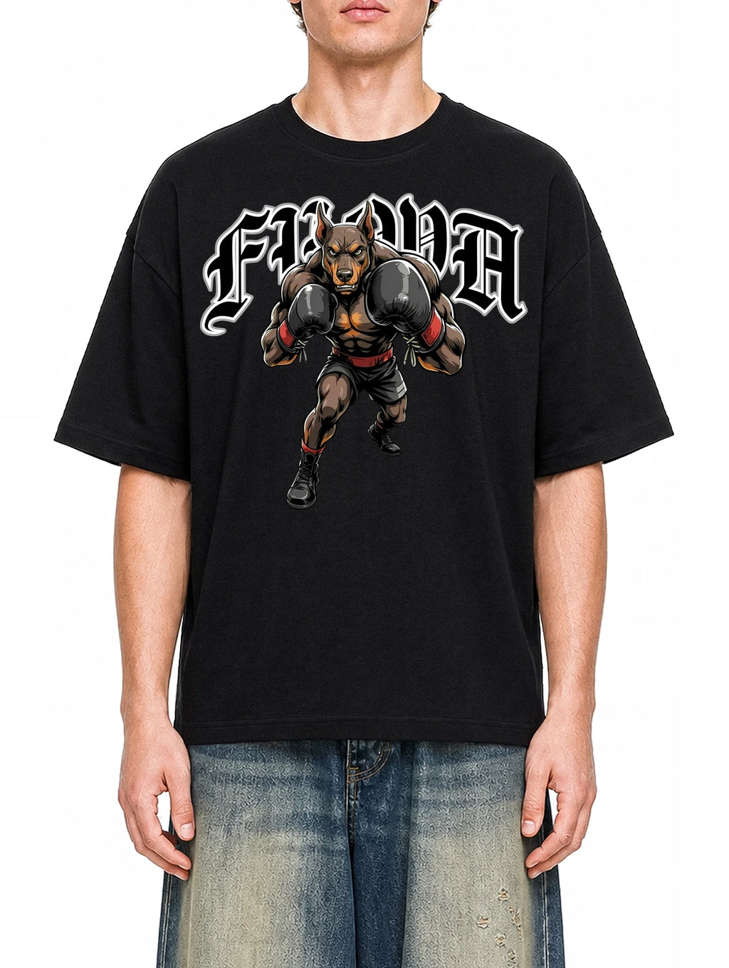 Boxing Dog Black graphic T-shirt on model, front view