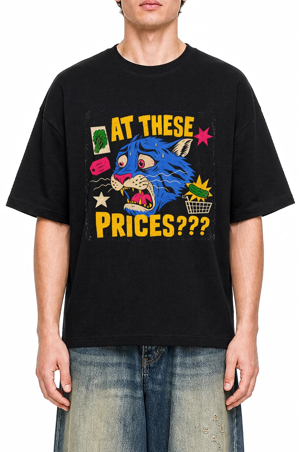 At These Prices Black graphic T-shirt on model, front view