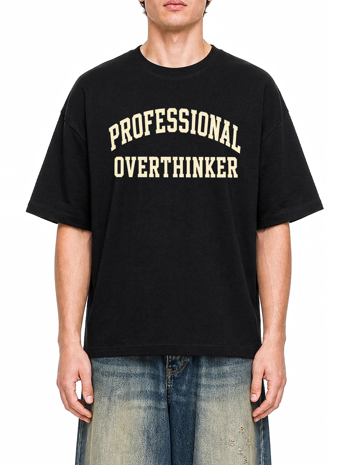 Professional Overthinker Black graphic T-shirt on model, front view