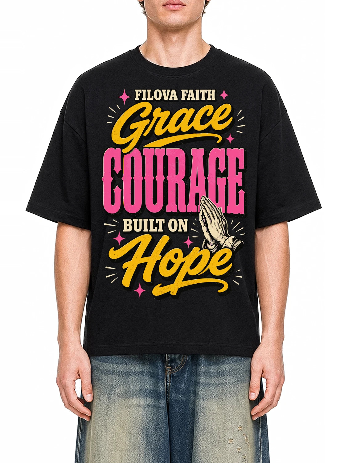Grace Courage Hope Black graphic T-shirt on model, front view