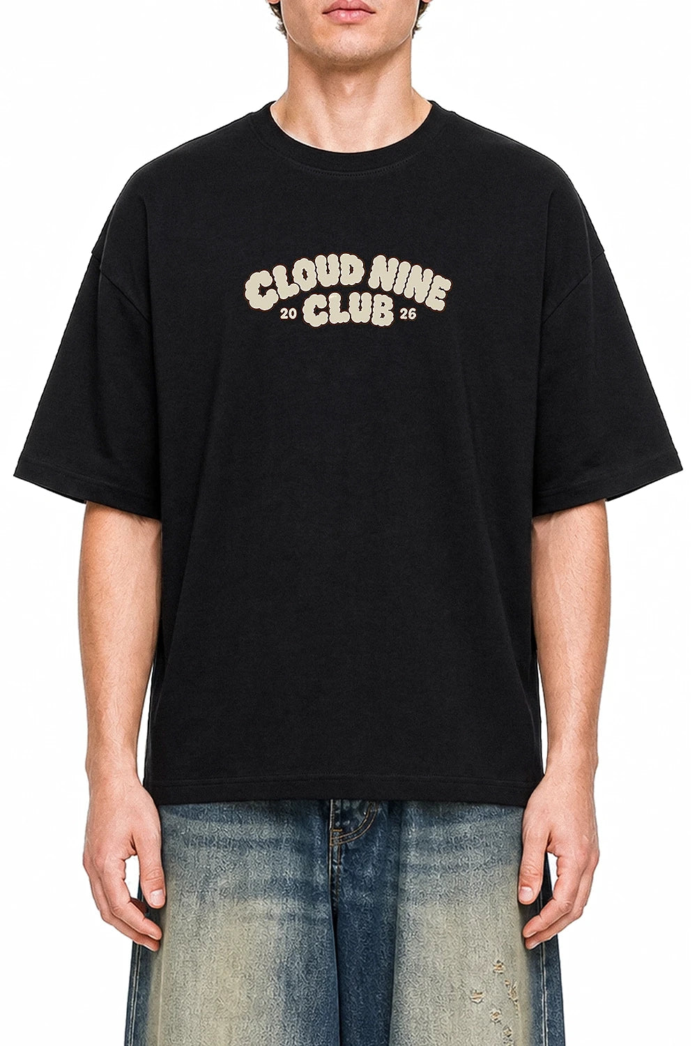 Cloud Nine Club Black graphic T-shirt on model, front view