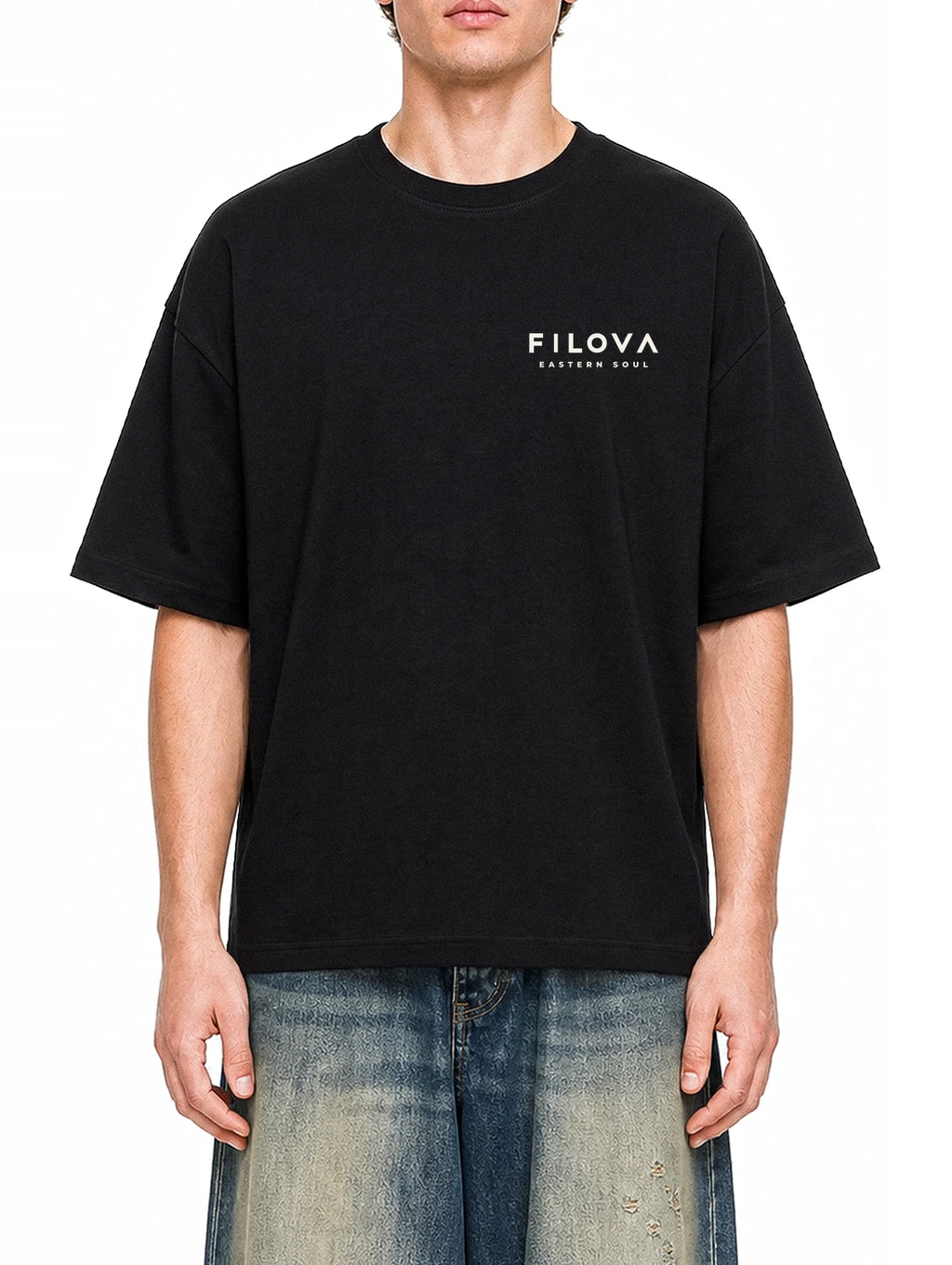 Filova Core Small Chest Black graphic T-shirt on model, front view