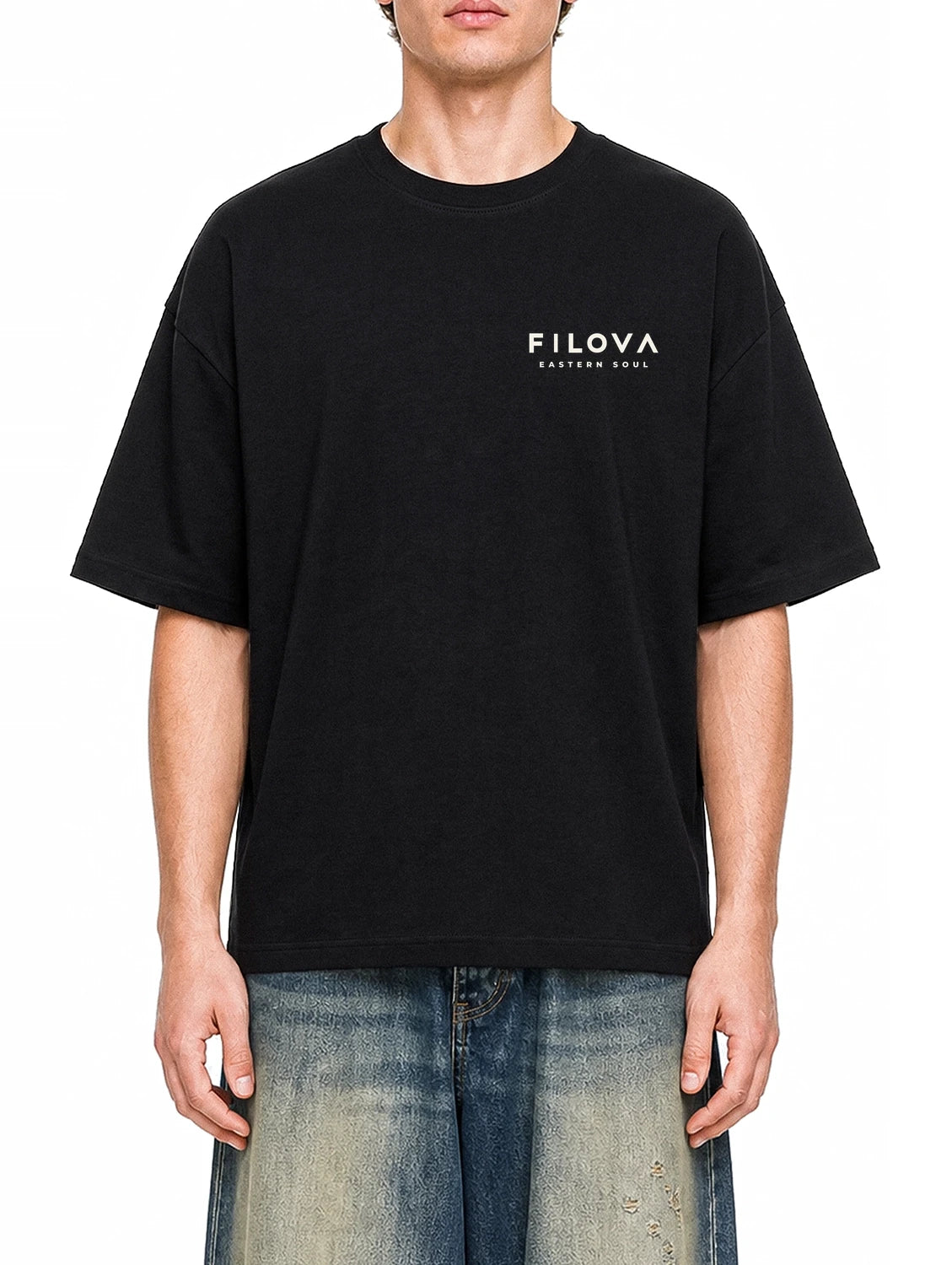 Filova Core Small Chest Black graphic T-shirt on model, front view