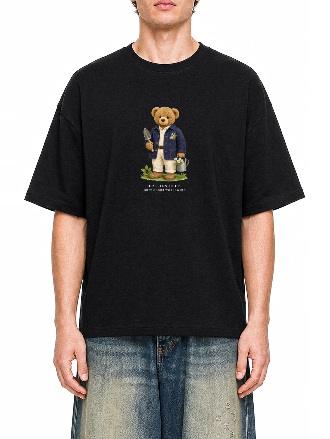 Garden Club Bear Black graphic T-shirt on model, front view