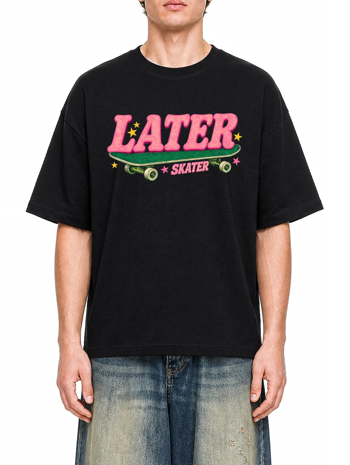 Later Skater Black graphic T-shirt on model, front view