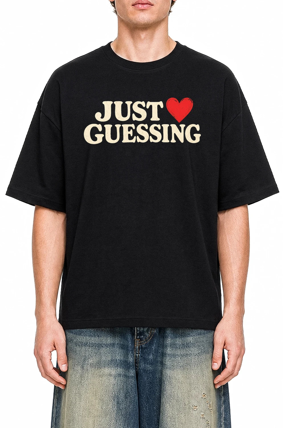 Just Guessing Black graphic T-shirt on model, front view