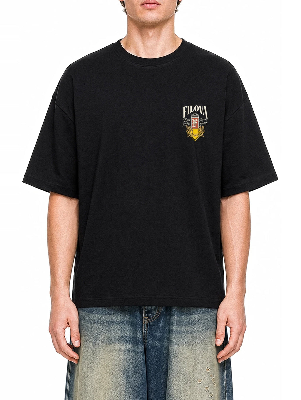 Filova Since 2026 Black graphic T-shirt on model, front view