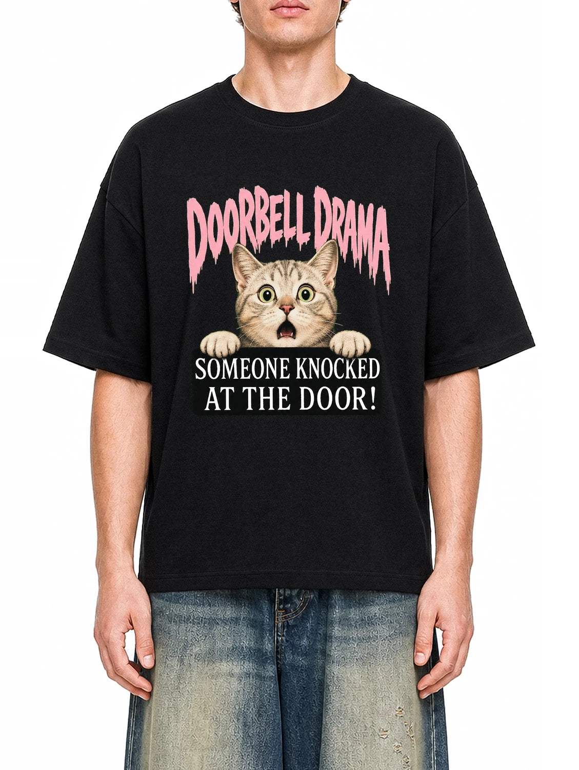 Doorbell Drama Black graphic T-shirt on model, front view