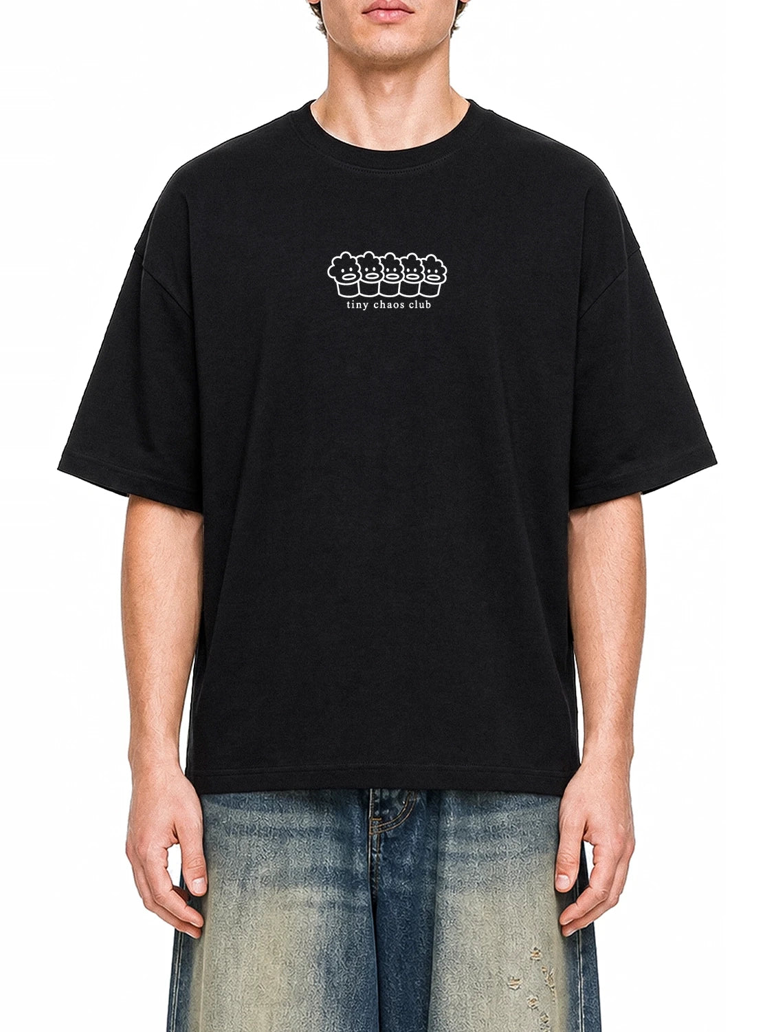 Tiny Chaos Club Black graphic T-shirt on model, front view