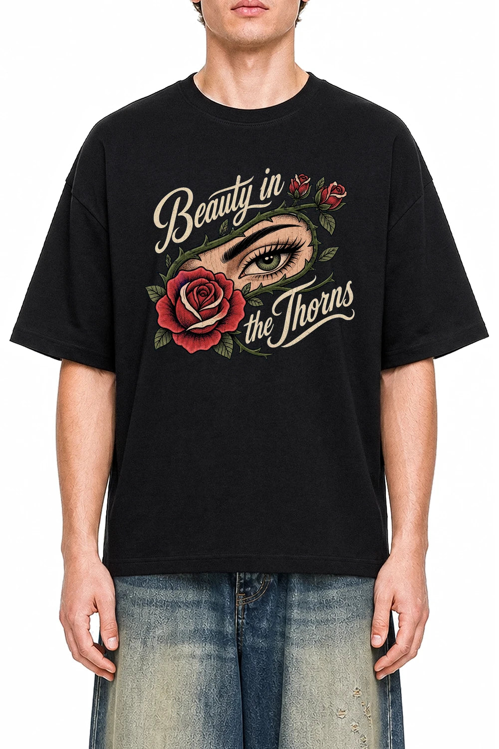 Beauty In The Thorns Black graphic T-shirt on model, front view