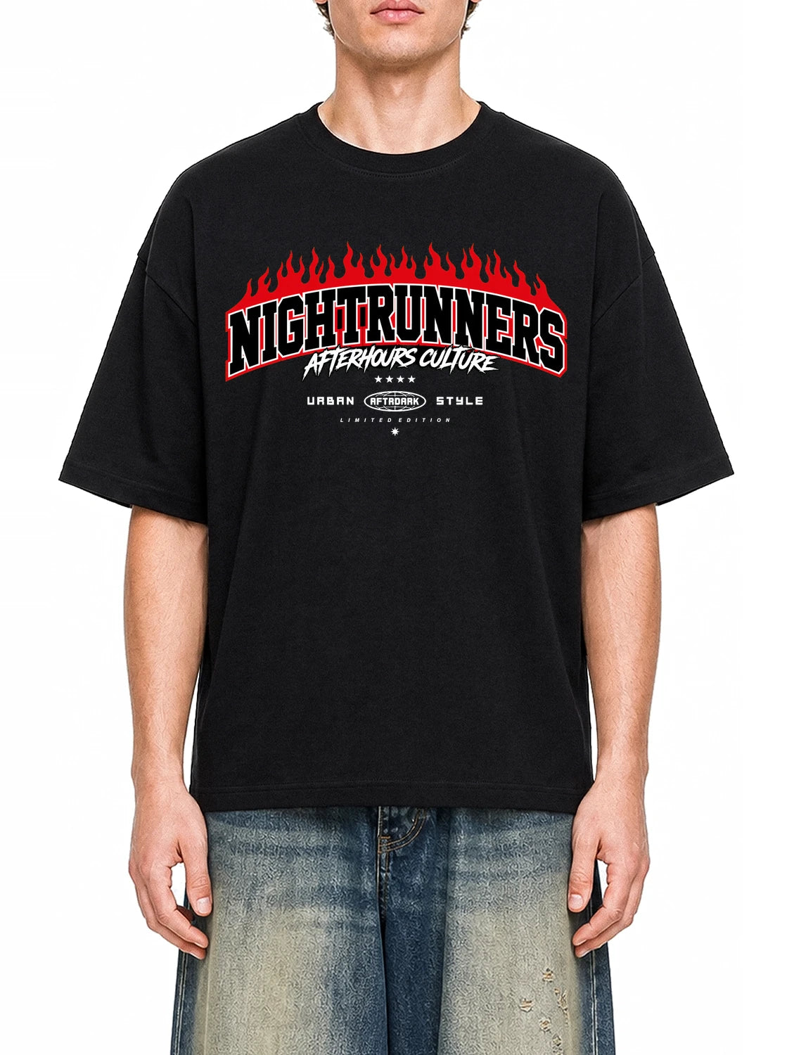 Nightrunners Black graphic T-shirt on model, front view