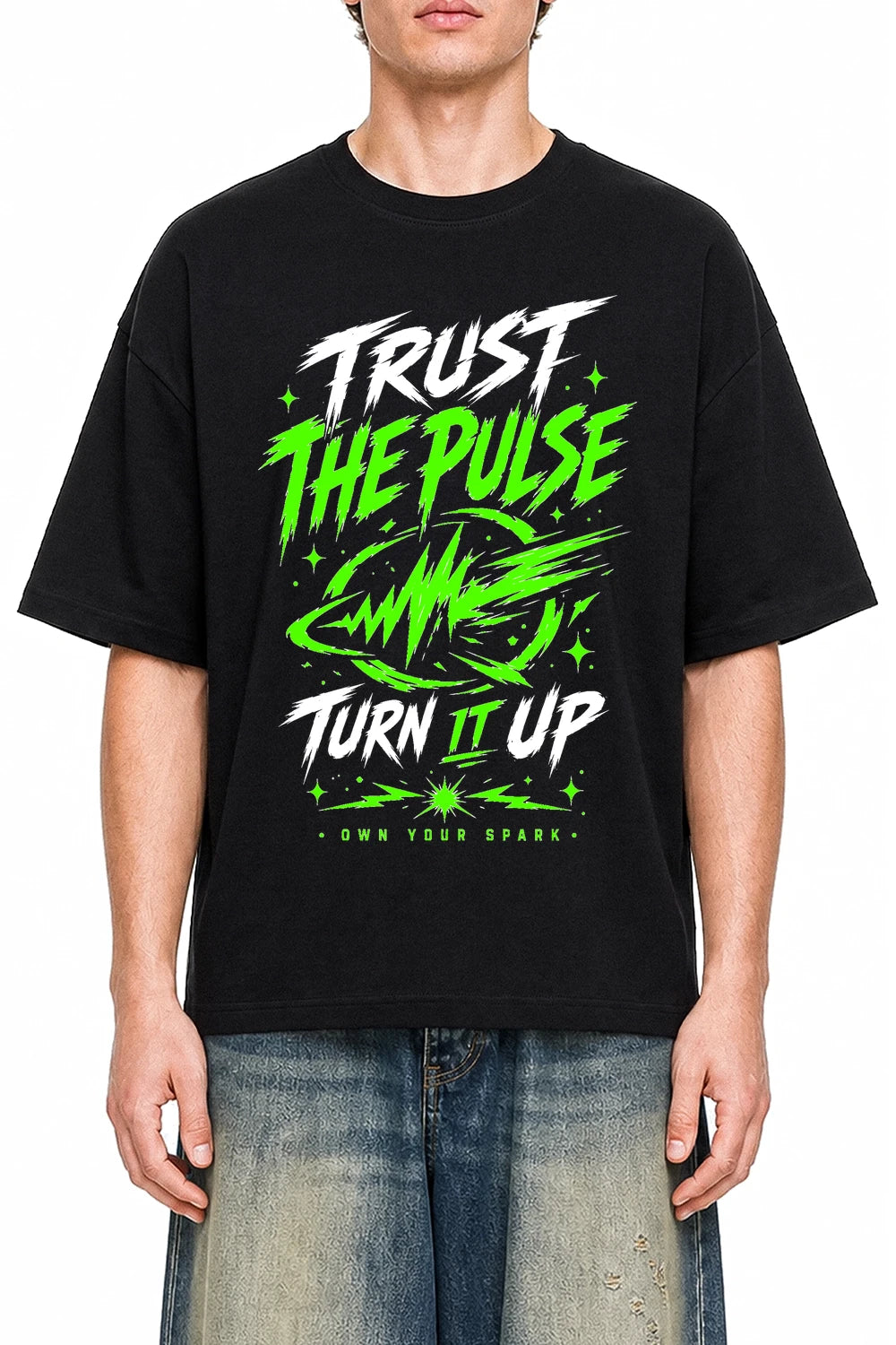 Trust The Pulse Black graphic T-shirt on model, front view