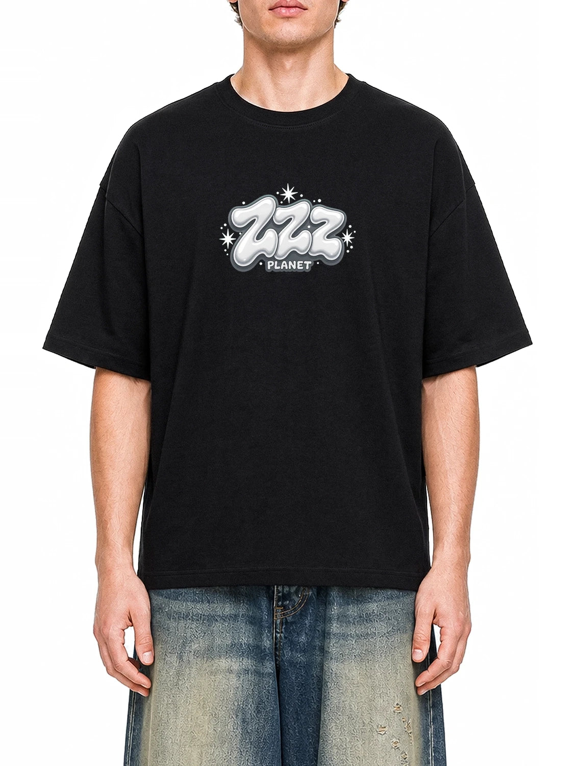 ZZZ Planet Black graphic T-shirt on model, front view