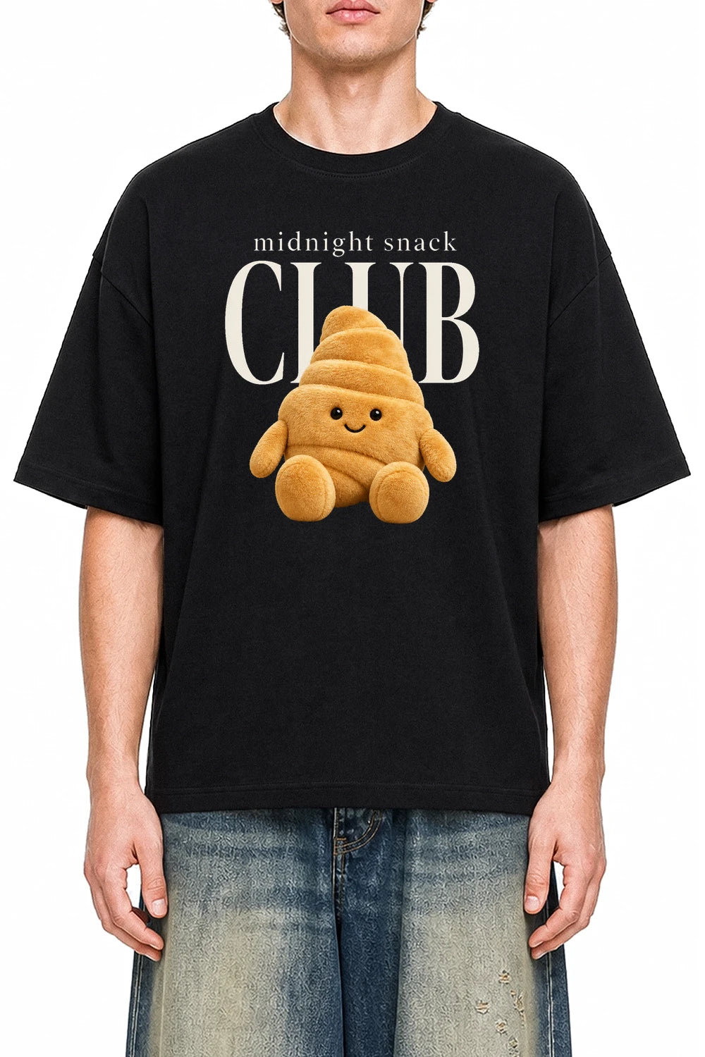 Midnight Snack Club Black graphic T-shirt on model, front view