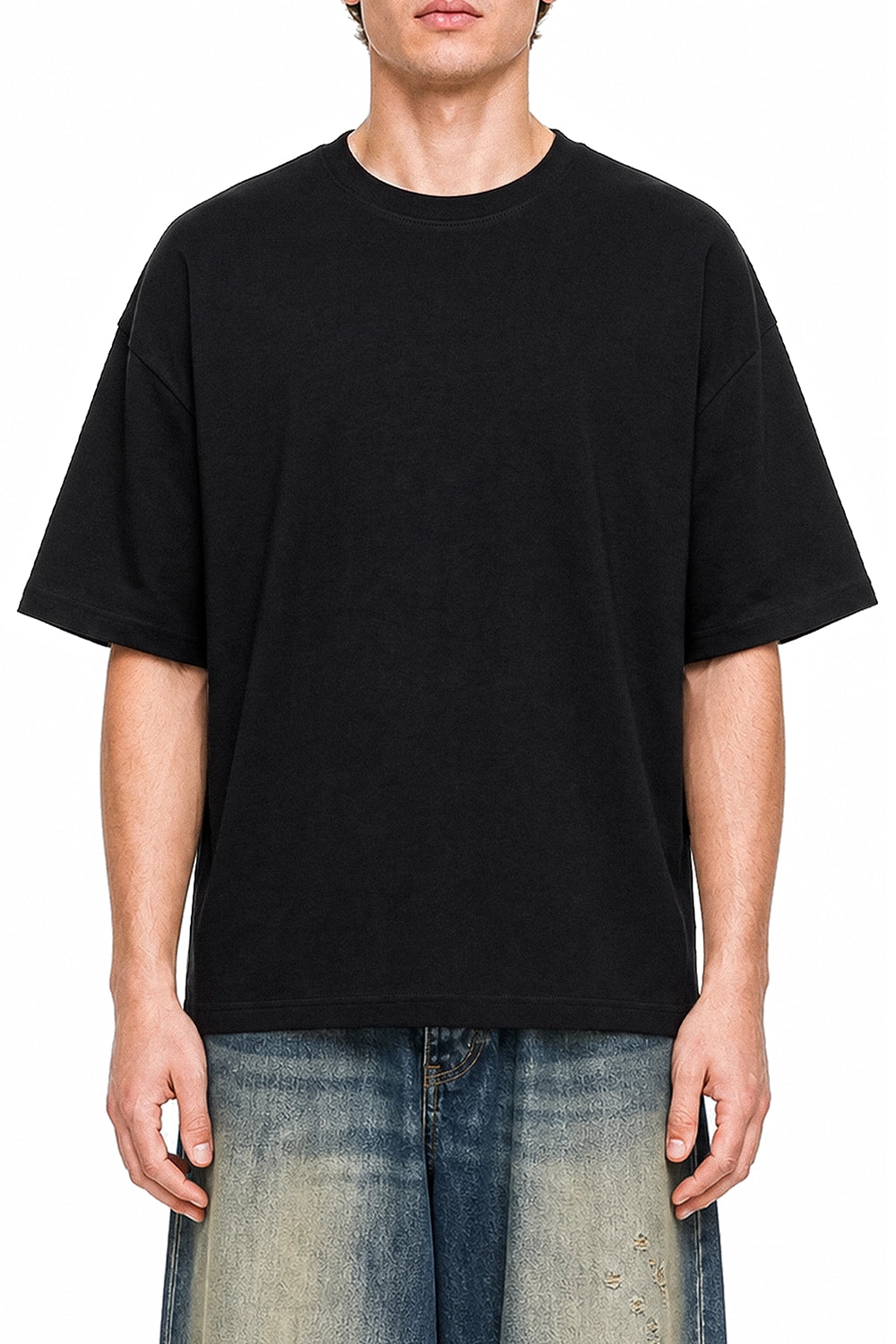 Open Late Book Market Black graphic T-shirt on model, front view