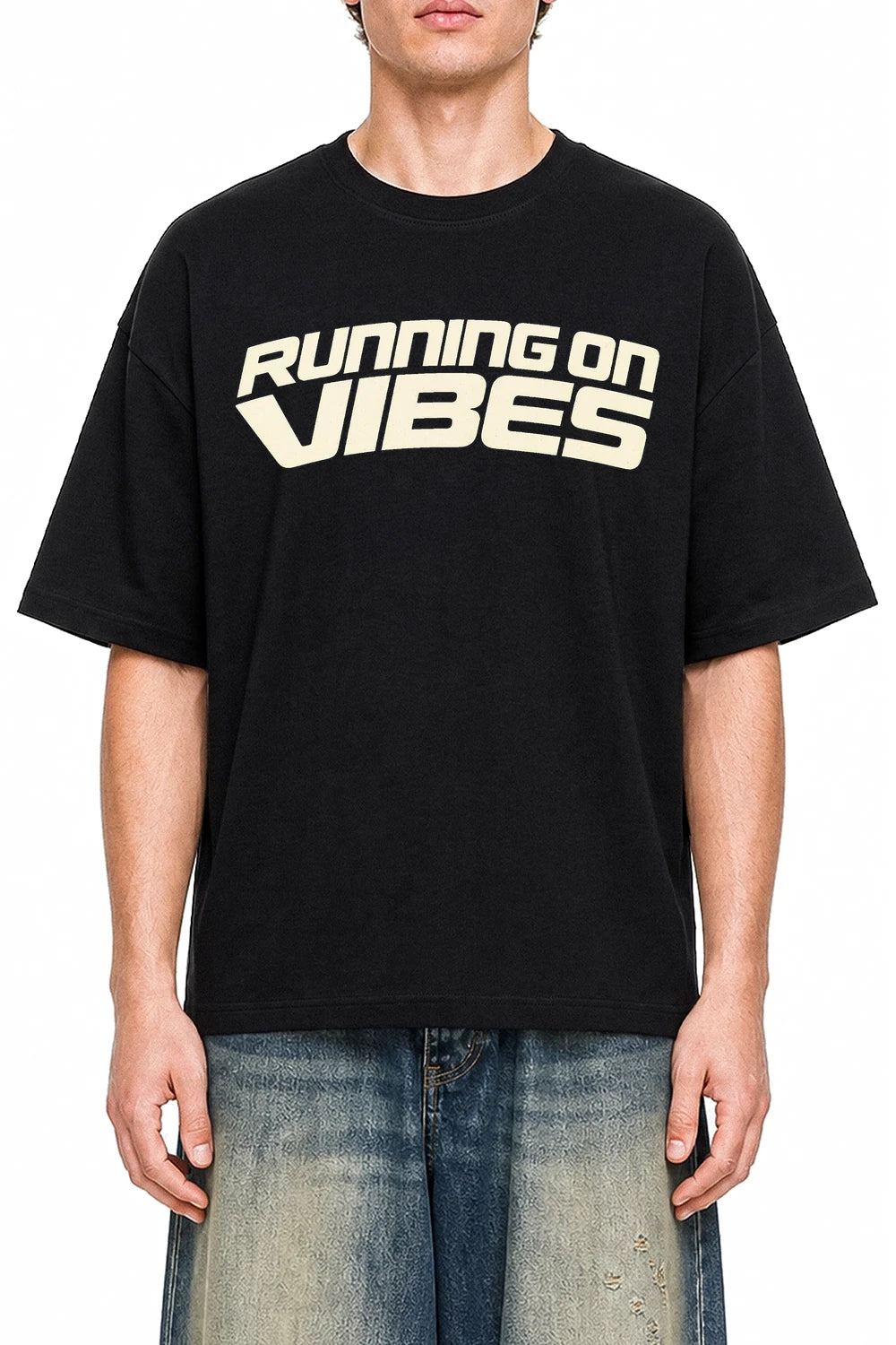 Running On Vibes Black graphic T-shirt on model, front view