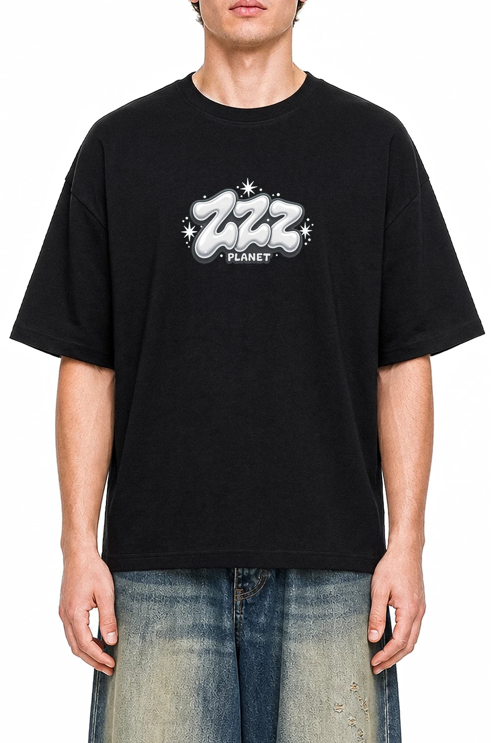 ZZZ Planet Black graphic T-shirt on model, front view