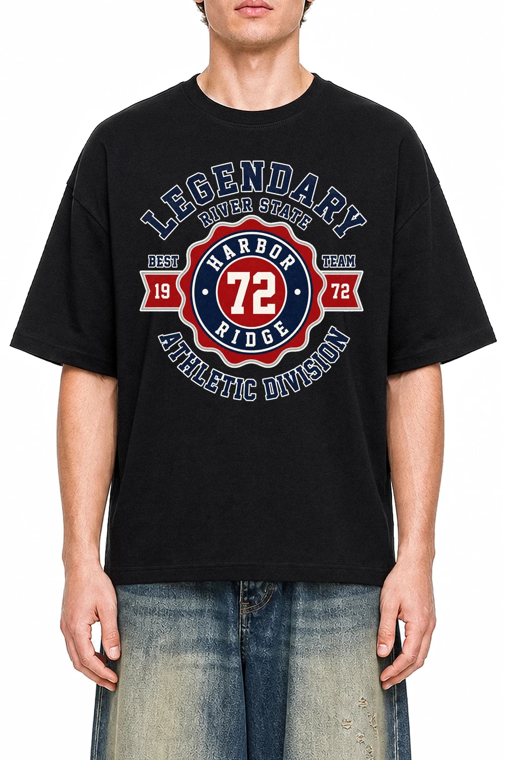 River State Division Black graphic T-shirt on model, front view