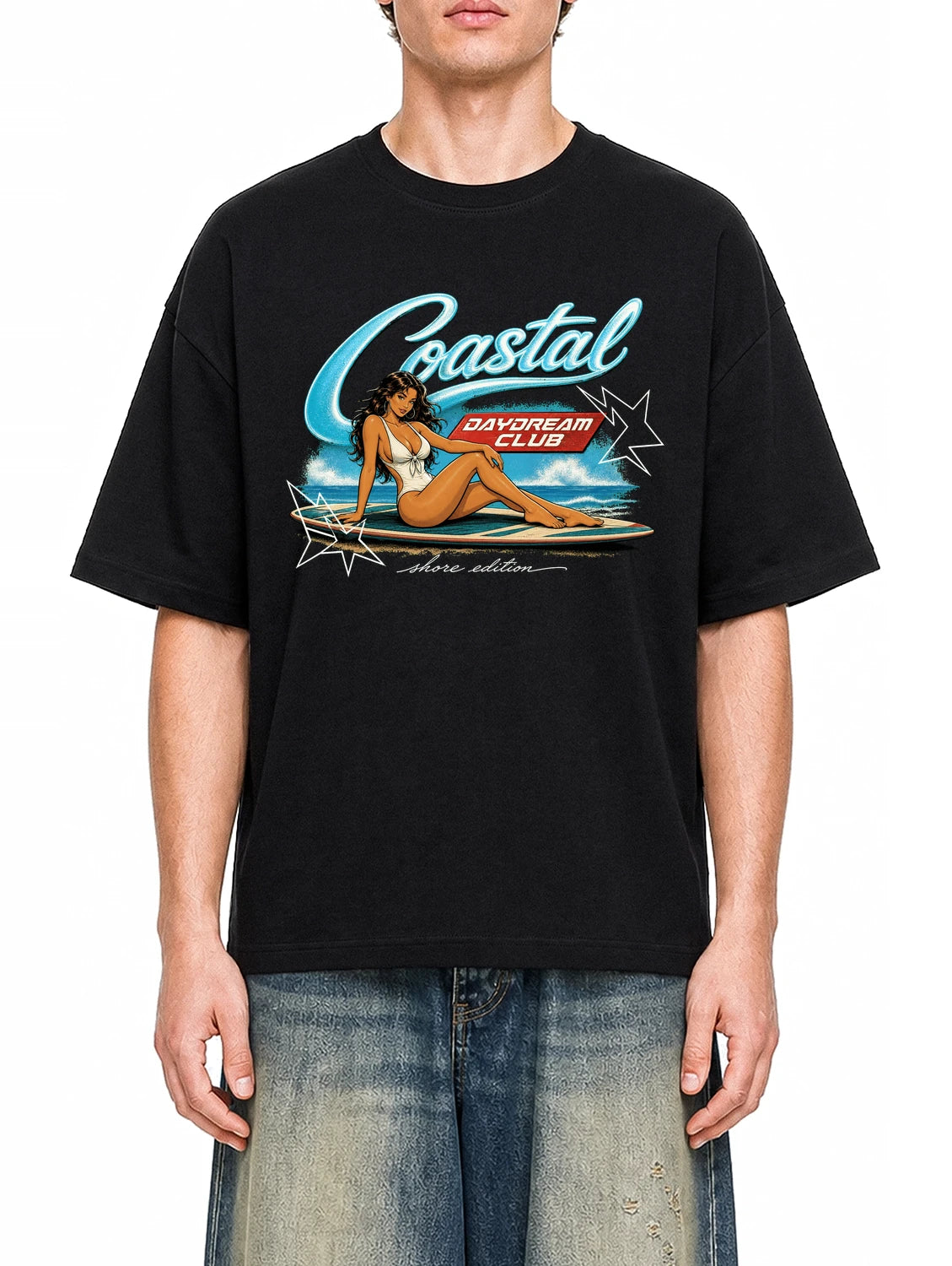 Coastal Daydream Black graphic T-shirt on model, front view