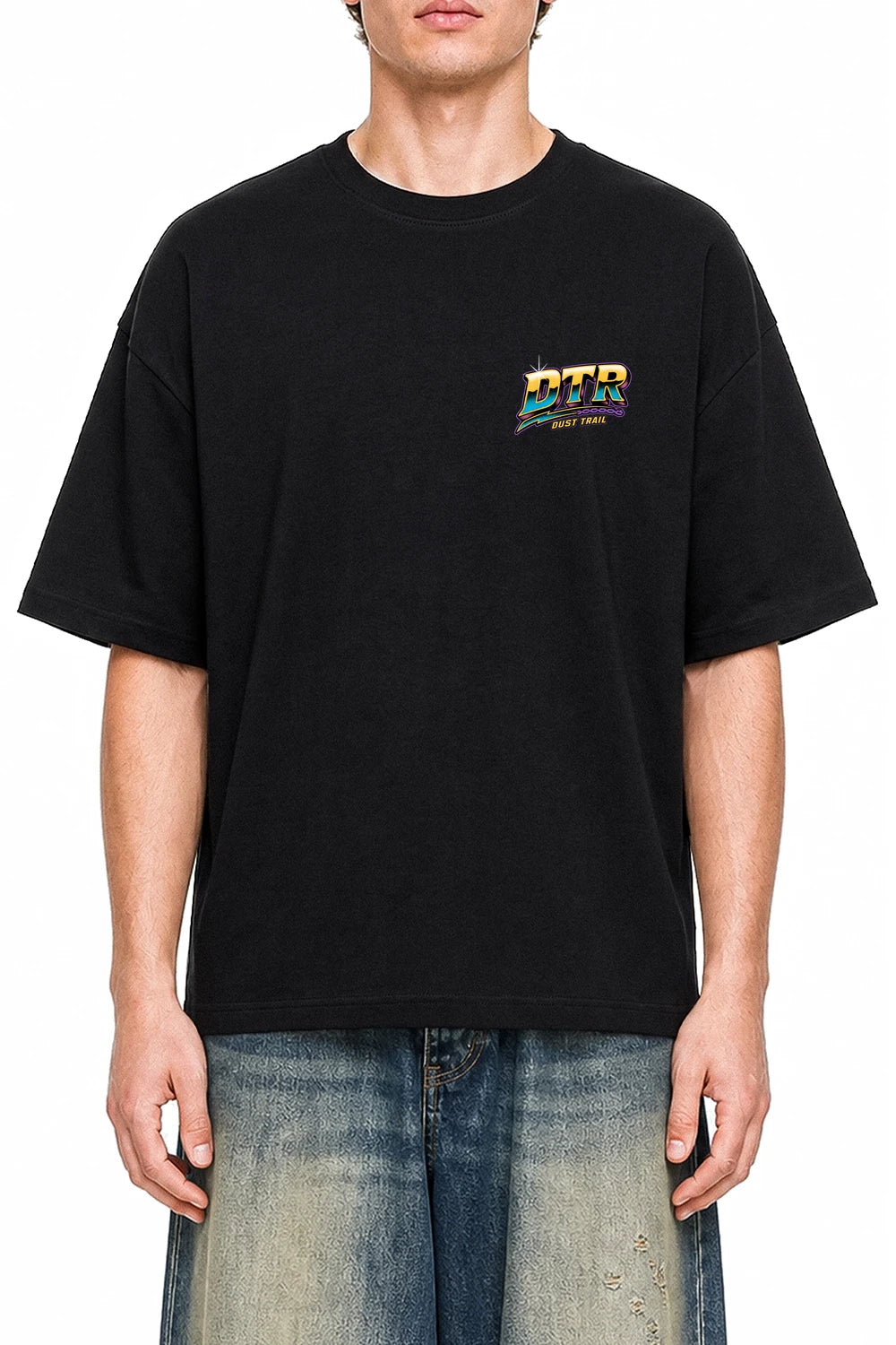 Dust Trail Riders Black graphic T-shirt on model, front view