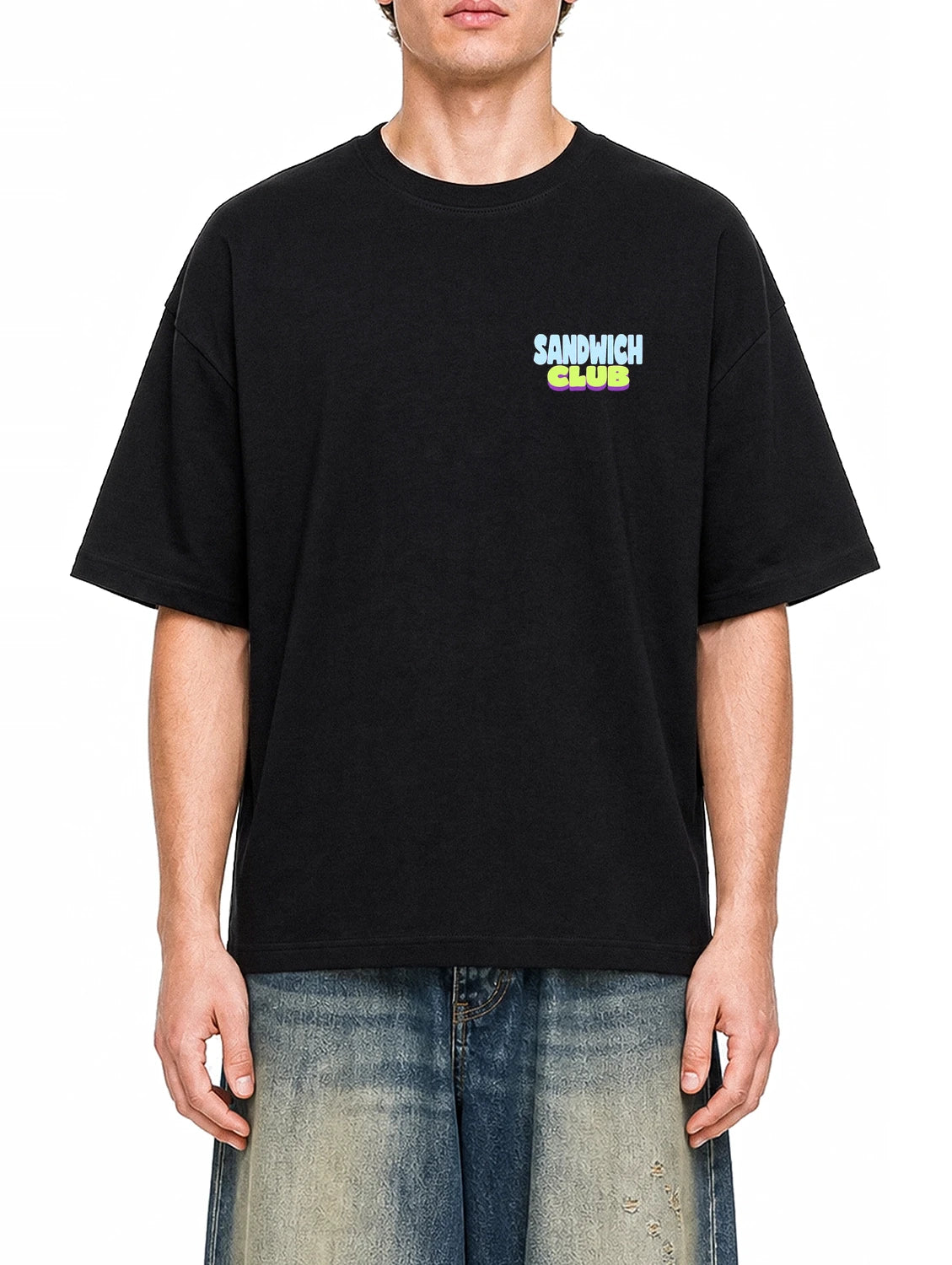 After Hours Sandwich Club Black graphic T-shirt on model, front view