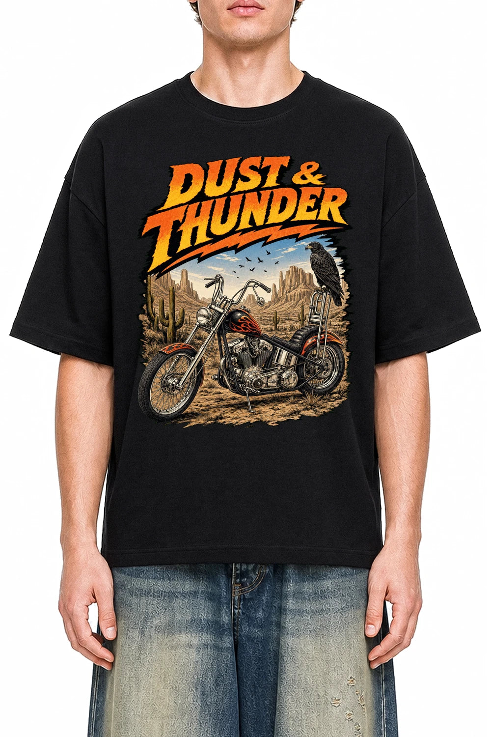 Dust And Thunder Black graphic T-shirt on model, front view