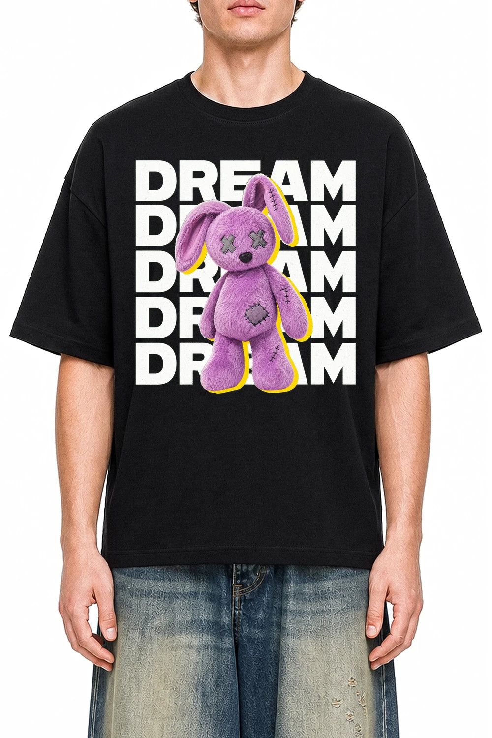 Dream Plush Rabbit Black graphic T-shirt on model, front view