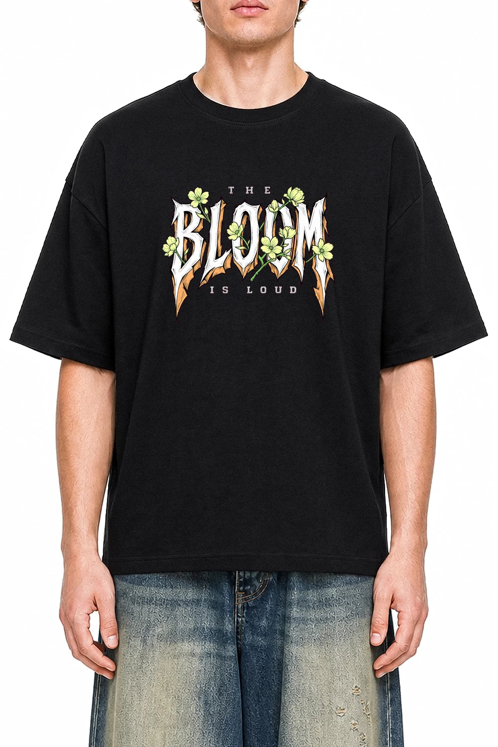Bloom Is Loud Black graphic T-shirt on model, front view