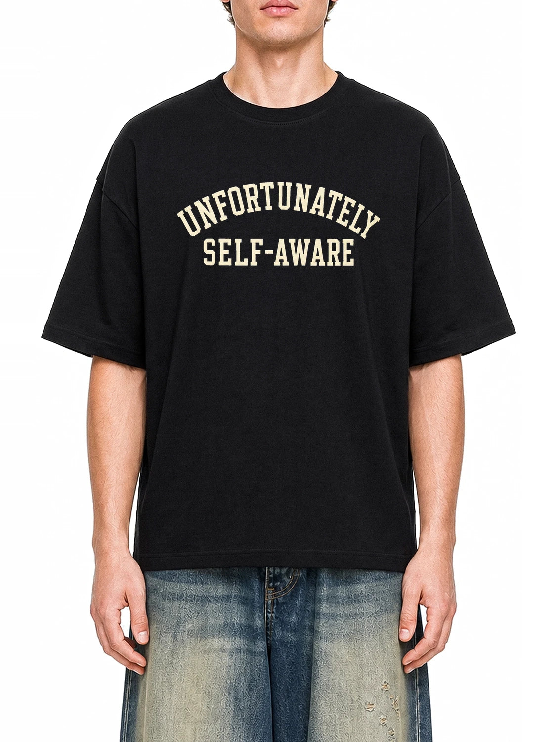 Unfortunately Self Aware Black graphic T-shirt on model, front view