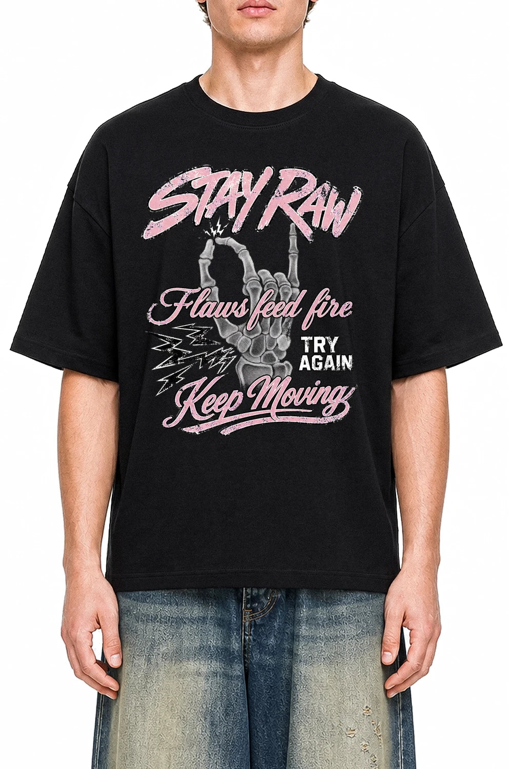 Stay Raw Black graphic T-shirt on model, front view
