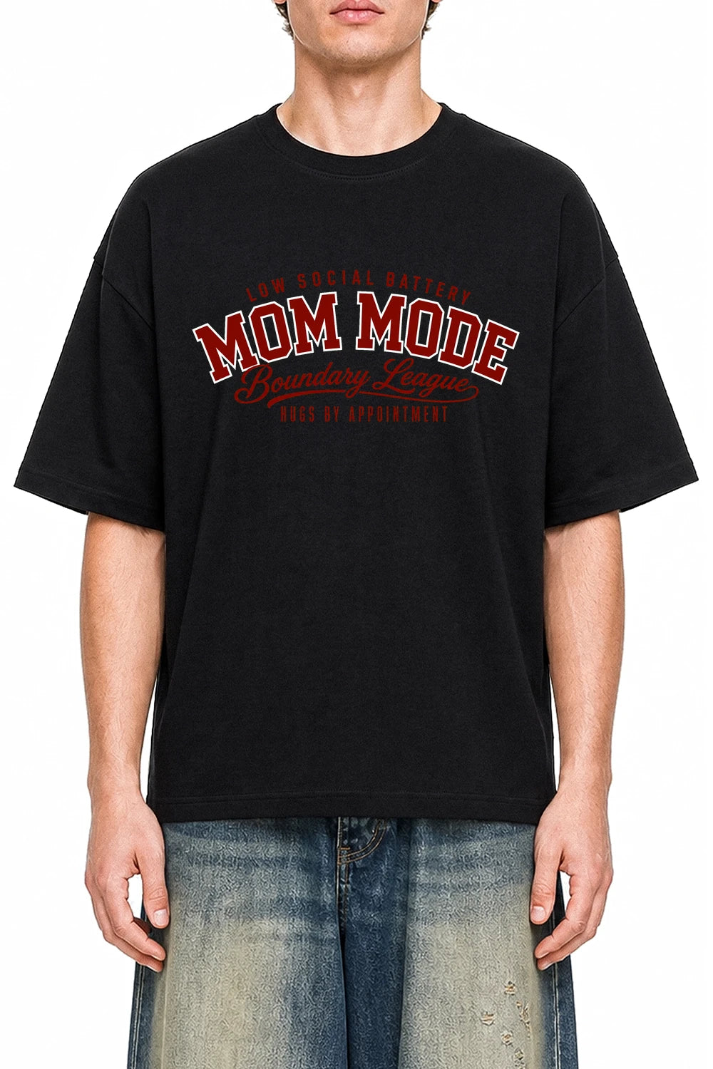 Mom Mode Boundary League Black graphic T-shirt on model, front view