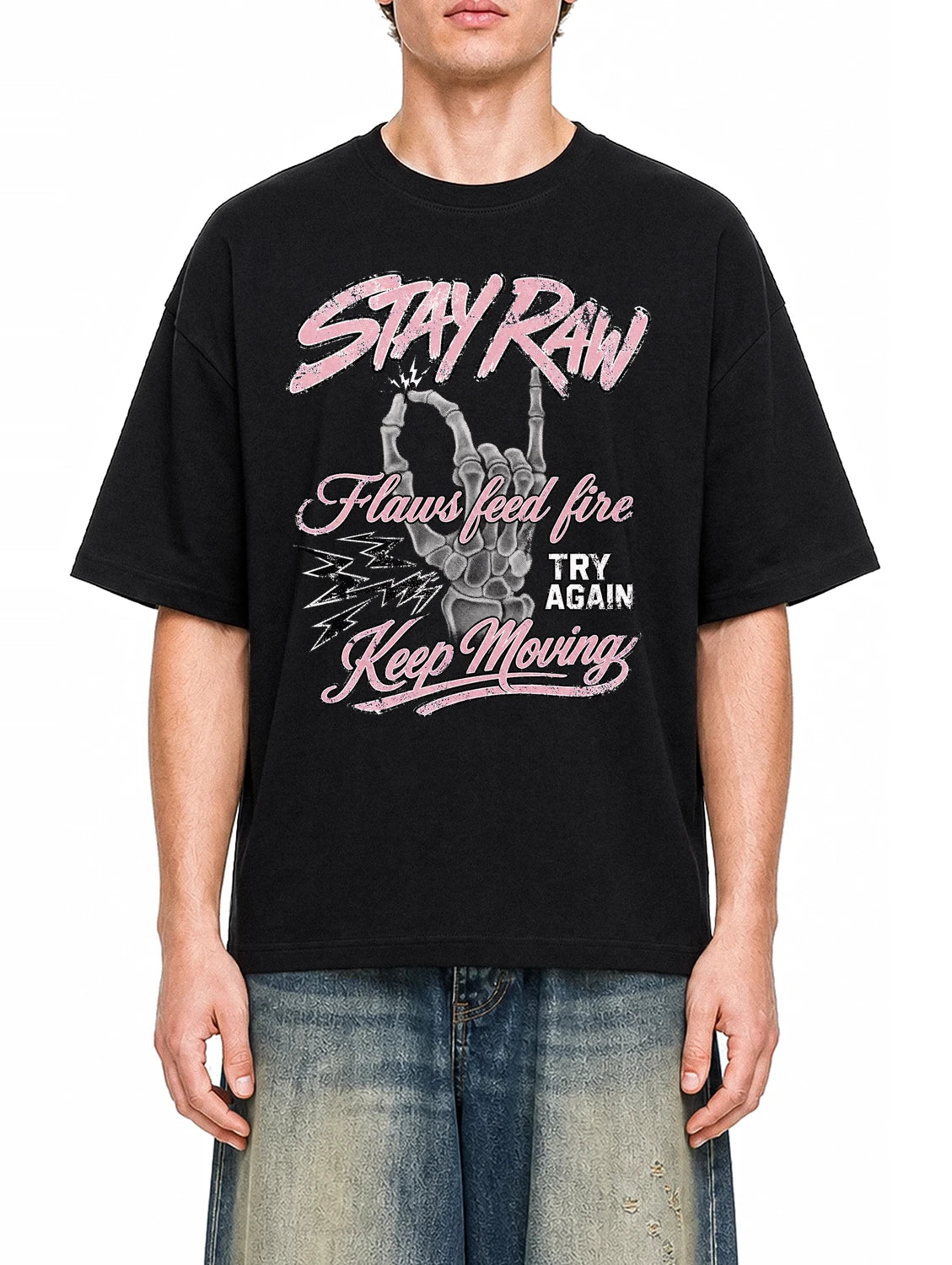 Stay Raw Black graphic T-shirt on model, front view
