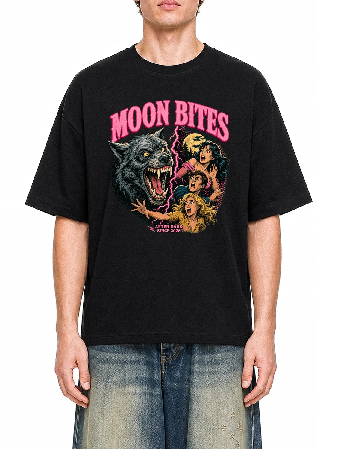 Moon Bites Black graphic T-shirt on model, front view