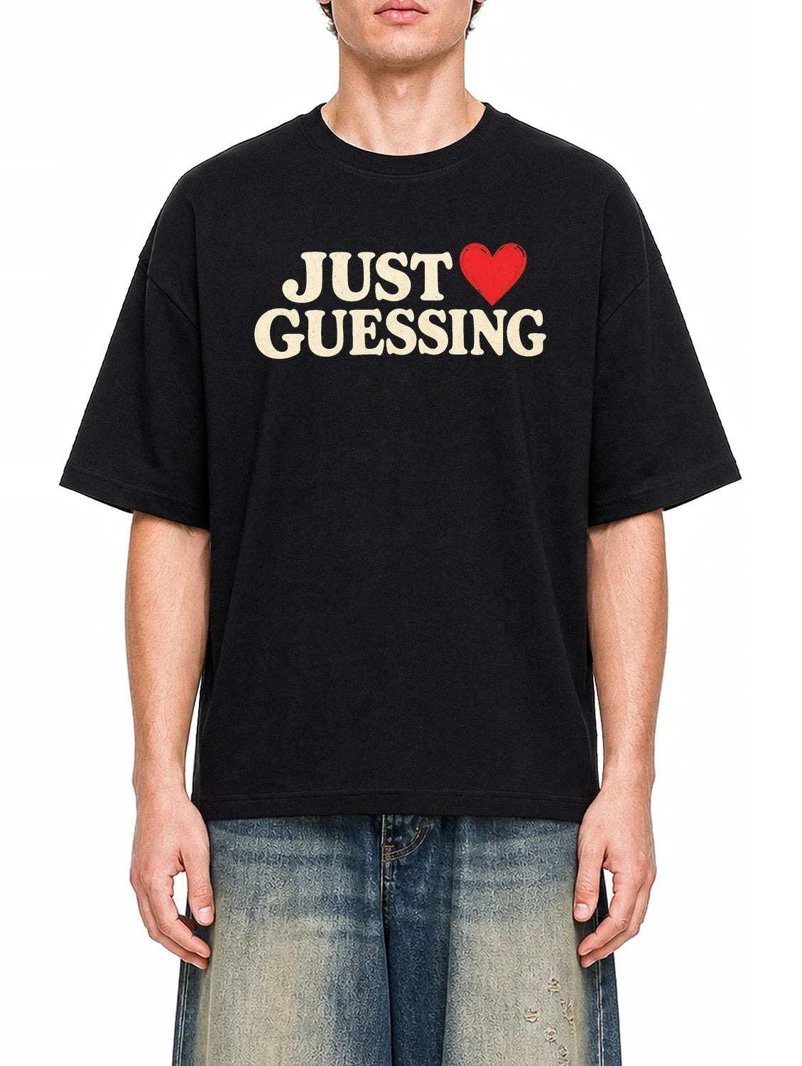 Just Guessing Black graphic T-shirt on model, front view