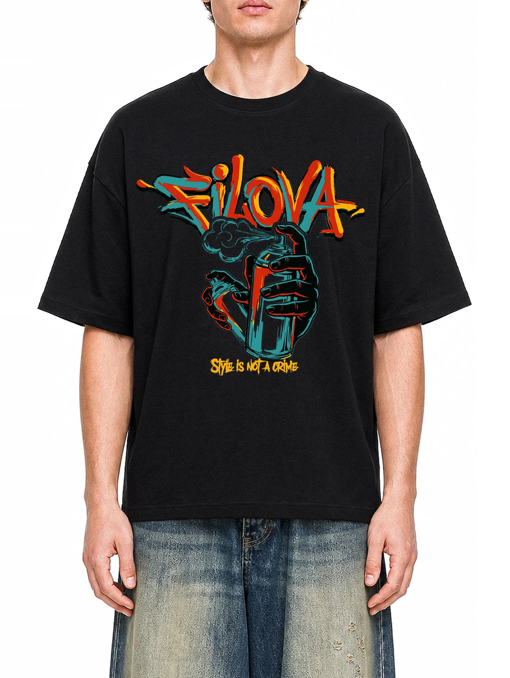 Style Is Not A Crime Black graphic T-shirt on model, front view