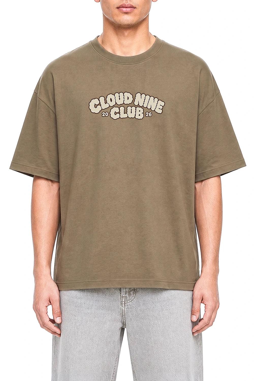 Cloud Nine Club Coffee graphic T-shirt on model, front view